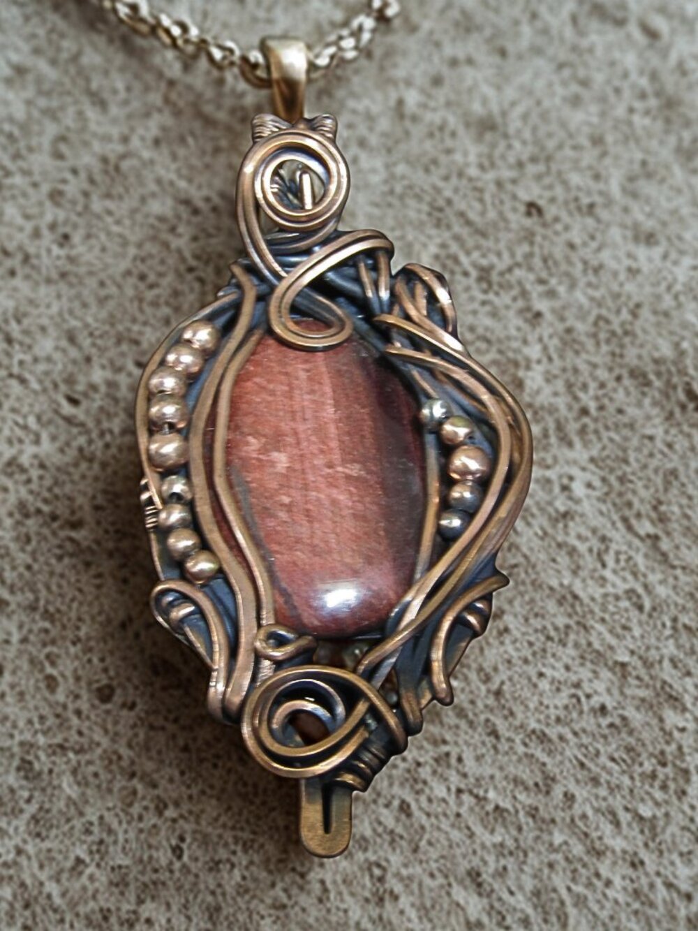 Handcrafted Tiger Iron Gemstone Pendant Antiqued Copper Wire Wrap